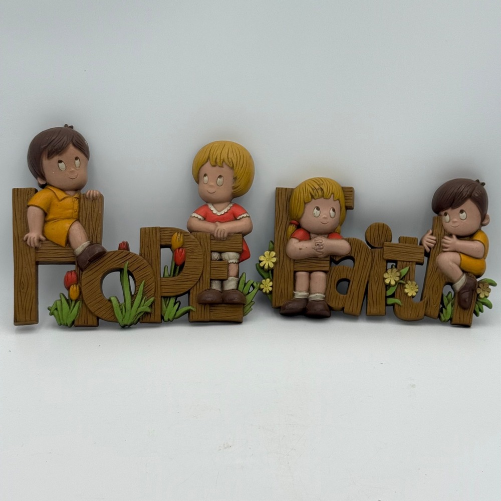 Vtg Burwood Products Hope Faith Wall Plaques Pair 1972 Children Nursery Decor
